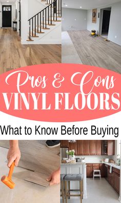 Collage of vinyl flooring options including stone, wood plank, and a man installing flooring. Vinyl Flooring For Basement, Vinyl Flooring Kitchen, Vinyl Sheet Flooring, Sheet Vinyl Flooring, Kitchen Measurements, Vinyl Tile Flooring, Floor Ideas