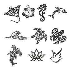 the different tattoos are drawn in black and white, including one with a sea turtle