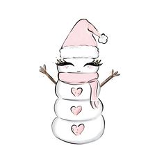 a drawing of a snowman wearing a santa hat and scarf with hearts on it