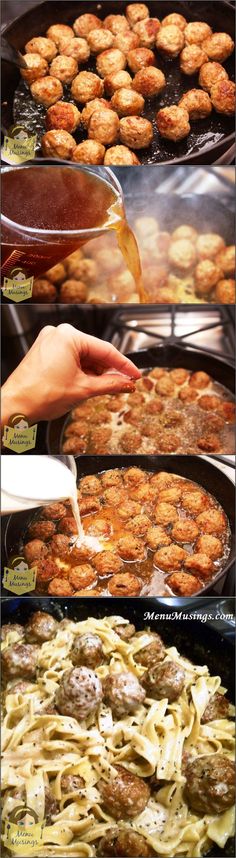 different types of food being cooked in pans