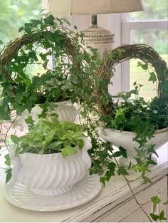 two white vases filled with plants sitting on top of a window sill next to a lamp