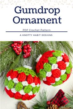 two crocheted ornaments on top of pine branches with the text,'free pattern for