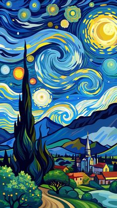 the starry night with trees and houses