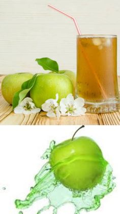 an apple and some green liquid on a table