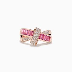 Effy 14K Rose Gold Pink Sapphire and Diamond Crossover Ring Pink Ruby Ring In 14k Rose Gold, Pink Ruby Promise Ring In 14k Rose Gold, Pink Gemstone Rings In 14k Rose Gold, Pink 14k Rose Gold Rings For Promise, Pink 14k Rose Gold Rings For Anniversary, Diamond Crossover Ring, Crossover Diamond Ring, Crossover Ring, Rose Gold Pink