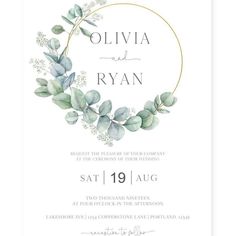 an elegant wedding card with eucalyptus leaves