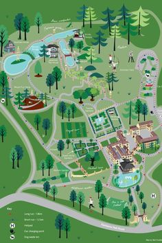 a map of a park with lots of trees and buildings on it's sides