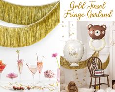 gold tinsel fringe garlands and decorations for a baby shower