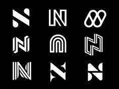 six different types of logos in white on a black background, each with the letter n