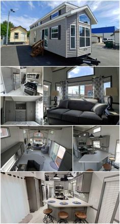 several pictures of the inside of a tiny house with windows and doors, including couches, kitchen, living room, dining area, and bedroom