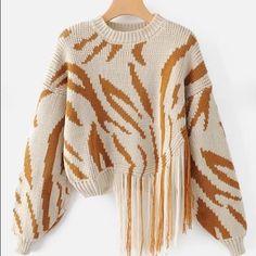 New Sweater. Long Sleeve Knit Sweater With Fringe Side At Front Left. Made Of Acrylic. Size S-L Fits S/M Model Is 5’4’ Size 4. Zebra Sweater, Fringe Fashion, Asymmetrical Sweater, Fringe Sweater, Fringe Top, Jacquard Sweater, Cooler Look, Knitwear Fashion, Sweaters Online