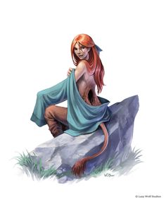 a red haired woman sitting on top of a rock