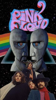 the pink floyd album cover is shown with two men in front of a rainbow - colored background