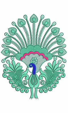 a green peacock with pink and blue feathers on it's head, in the middle of