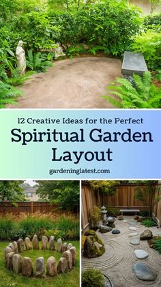 the garden layout is shown with rocks and plants in it, along with text that reads 12 creative ideas for the perfect spiritful garden layout