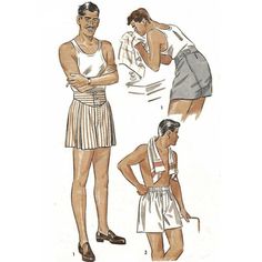 Why not go all out and wear vintage right down to your underpants? Men's Boxer Shorts: Style 1; is made with soft front pleats and a panel back. The waistband is top-applied and buttons at the center front. The back ends cross and button in place. Style 2: boxer shorts are cut in two pieces and finished with with elastic at the upper edge, which are cut in two pieces with an elastic waistband at the back. Both styles are super comfortable and flattering. Offered here as: Digital Download (how to 1950s Sewing Patterns, Mens Boxer Shorts, 캐릭터 드로잉, Vintage Mens Fashion, Couture Vintage, Paper Pattern, Boxer Shorts, Vintage Sewing Patterns, Style Retro