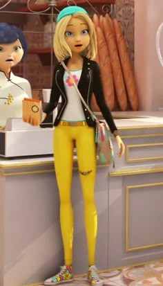 a cartoon girl standing in front of a counter