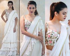 White Ruffle Saree, Kajol Saree, A High Ponytail, Customized Dress, Saree Pattern, Draping Dress, Anushka Photos, Ruffle Sarees