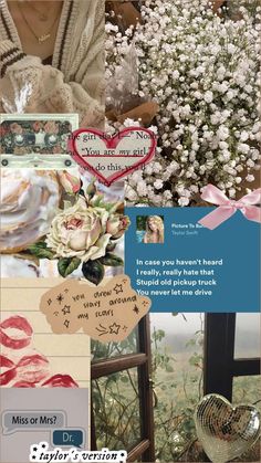 the collage has many different pictures and words on it, including flowers in vases