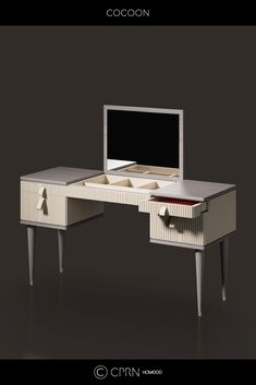 a computer desk with drawers and a monitor on it's side, in front of a dark background