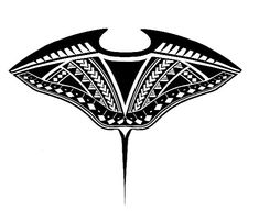 a black and white drawing of a manta rayfish with geometric patterns on it