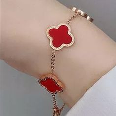 Titanium And 18k Rose Gold Flower Clover Red Chain Charm Bracelet Red Rose Bracelet, Chain Charm Bracelet, Rose Gold Flower, Rose Bracelet, Gold Flower, Gold Flowers, Red Rose, 18k Rose Gold, Womens Jewelry Bracelets