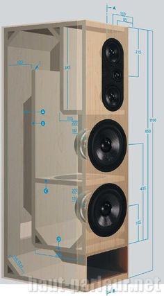 an image of a speaker with measurements on the front and back sides for each speaker