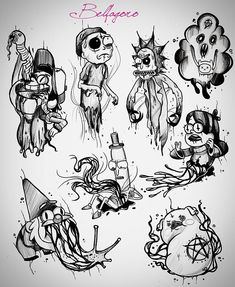 an image of cartoon characters drawn in ink