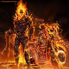 a man standing next to a motorcycle on fire