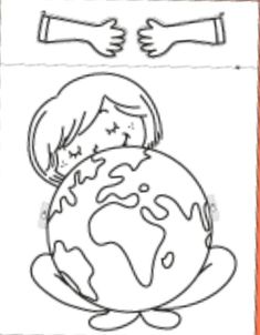 a drawing of a girl hugging the earth with her hands on top of each other