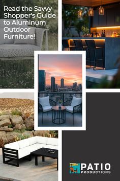 an advertisement for patio furniture with pictures of chairs and tables in front of the cityscape