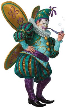 a man dressed as a fairy holding a pipe and wearing a green outfit with gold accents