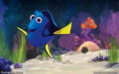 an animated blue and yellow fish swimming in the ocean with other sea life around it