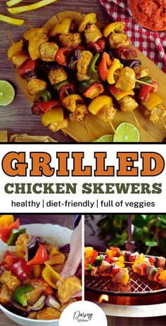 grilled chicken skewers with vegetables and sauces