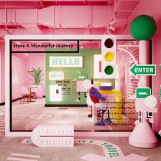 the interior of a pink and green store with lots of signs on it's walls