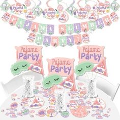 BUNTING BANNER Includes: Pastel Pink letter and themed pennants. Each pennant measures 8.5” high x 5.5” wide. Pennants are numbered in sequence and ribbon is included for easy assembly. PARTY DECORATION SWIRLS Includes: Pillow Fight & Blanket Tent Themed 4 different shapes, 10 count per shape, that hang below an accordion-style spiral. Professionally printed double-sided, each Jammies decoration swirl in the 40-piece set has a pre-cut hole for easy assembly using the included clear hooks. Party Slumber Party Decorations, Sleepover Birthday Party, Girls Slumber Party, Sleepover Birthday, Popular Candy, Candy Stickers, Circle Stickers