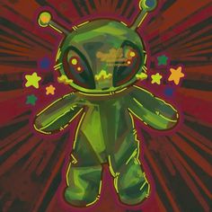 an alien is standing in the middle of a red and green background with stars around it