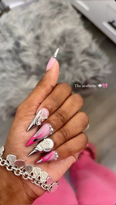 Pink Freaknik Nails, Juicy Couture Acrylic Nails, Pink French Tip Junk Nails, Pink Nail Sets With Charms, Pink Acrylic Nails Charms, Girly Acrylic, Girly Acrylic Nails, Pink Acrylic