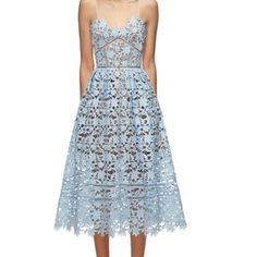 The Dress Features Delicate Spaghetti Straps And The Front Neckline Is Framed With A Scallop Edge. The Skirt Has A Full, Pleated Silhouette And Features A Hand-Cut, Raw Lace Hemline. The Dress Fastens Neatly At The Plunging Back With An Exposed Zip And Contrast Lining. Lined With Nude Stretch-Jersey To The Mid-Thigh, Then Falls To A Sheer Hemline. Us Size 2 Uk Size 6 Pre-Owned But Looks Brand News Midi Evening Dress, Blue Floral Midi Dress, Crochet Midi Dress, Black Lace Midi Dress, Tulle Midi Dress, Cobalt Blue Dress, Self Portrait Dress, Scallop Edge, Ruched Midi Dress