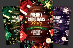 three christmas party flyer templates with presents on the front and back cover, all in different colors