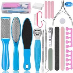 20 in 1 Foot Care Kit: The Manicure Pedicure Set Kit contains 19 tools, including foot rasp, cuticle pusher, foot clipper, scraper, callus remover, cuticle remover, foot file, nail file, nail and toenail clipper, etc. Professional Pedicure, Diy Spa Day, Dead Skin Removal, Pedicure At Home, Pedicure Set, Úložný Box, Callus Remover, Pedicure Kit, Spa Day At Home