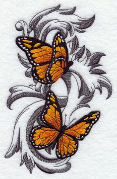 two orange butterflies on white paper with black and yellow accents, in the shape of a flower