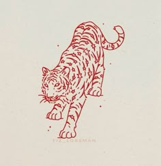 a red ink drawing of a tiger on white paper