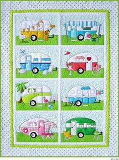 a quilted wall hanging with rvs and camper trailers on it's sides