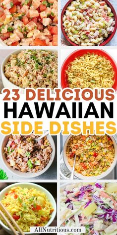 different hawaiian side dishes with the words 23 delicious hawaiian side dishes on top and below