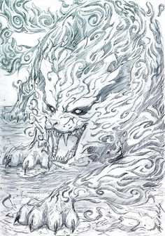 an ink drawing of a dragon with its mouth open and eyes wide open, in the water