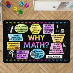 a black mat with colorful writing on it that says why math? and other words