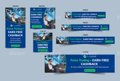 four banners with the words forex trading free cashback and an image of a man sitting