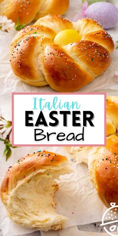 Golden brown soft bread wreath with a colorful Easter egg in the middle and sprinkles. Italian Easter Recipes, Easter Pie, Italian Easter, Colorful Eggs, Easter Bread, Easter Baking