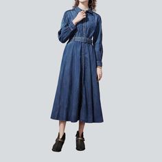 Introducing the 2023 Spring-Summer Collection ââ‚?the medium wash embroidered denim dress. perfect for achieving effortless street style. Crafted to reflect the spirit of urban cool. this dress is a statement of contemporary fashion and timeless sophistication.Why This Is Your Next EssentialThis fit and flare dress features a blend of chic embroidery. distressed detailing. and a stylish buttoned closure. With its classic denim material and grunge-inspired style. it's sure to become a staple in y Fitted A-line Denim Dresses, Spring A-line Shirt Dress, Chic Denim Blue Shirt Dress For Work, Chic Denim Shirt Dress For Work, Relaxed Fit Fall Maxi Dress, Fall Season Relaxed Fit Maxi Dress, Cotton Non-stretch Dresses With Pockets, Medium Wash Cotton A-line Denim Dress, Dark Wash Midi Dress With Pockets